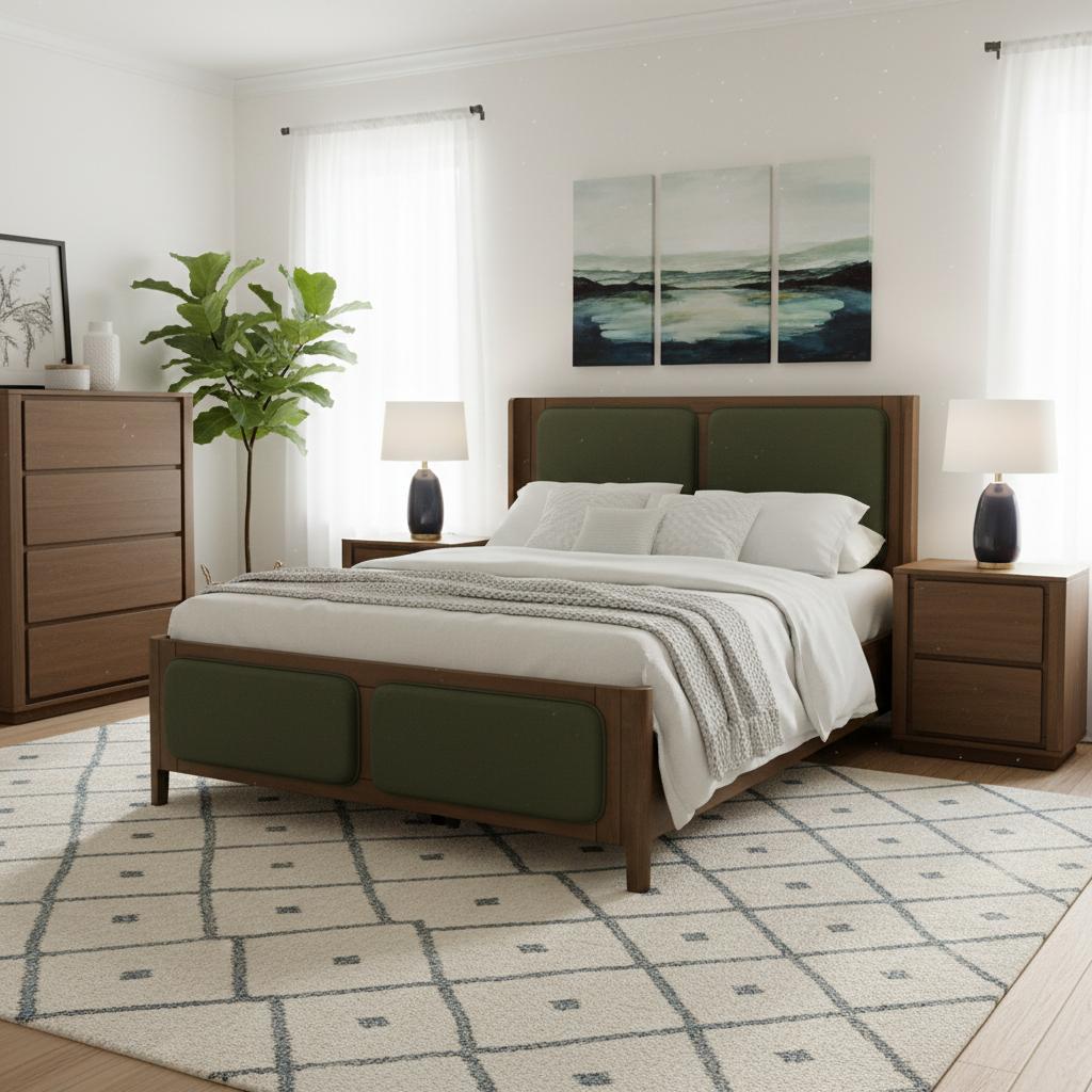 سرير سيمبا حجم كينج مع طاولة جانبية بدرجين وخزانة بأربعة أدراج، بني